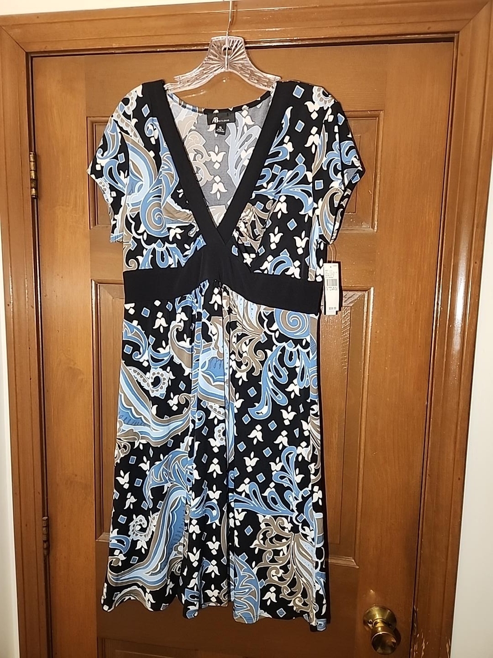 AB Studio NWT XL Black Blue Paisley Empire Waist V-Neck Midi Dress